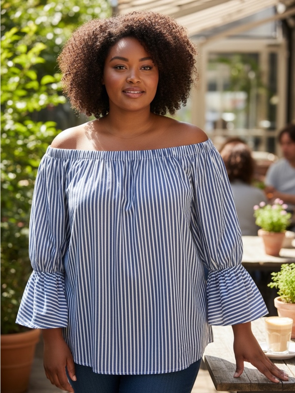 FA CONCELPT Striped Off-Shoulder Peasant Top - Blue/White size 8